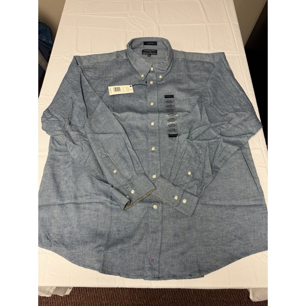 Hathaway Sport Mens XXL Button Down Shirt Midnight Blue Herringbone 100% Cotton